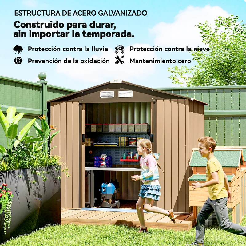 Outsunny Caseta de Jardín Exterior 2,42 m², 213x130x185 cm, Cobertizo de Jardín Exterior Metálico con Puertas Correderas, Ventilación y Kit de Fundación, para Almacenamiento de Herramientas, Amarillo
