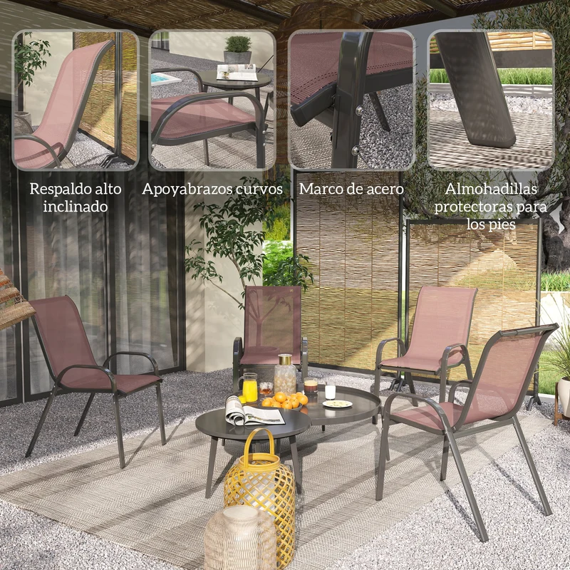 Outsunny Juego de 4 Sillas de Jardín Exterior, Sillas Terraza Exterior Apilables, Sillas de Jardín con Tela Transpirable, Marco de Acero, Reposabrazos y Respaldo, 54x71x93 cm, Marrón Oscuro y Negro