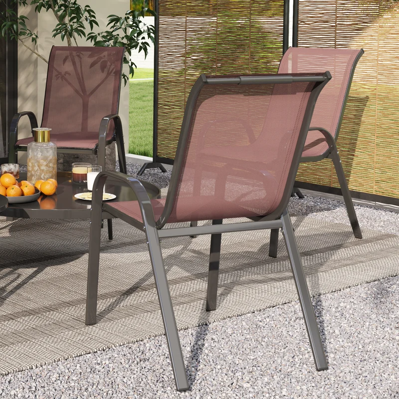 Outsunny Juego de 4 Sillas de Jardín Exterior, Sillas Terraza Exterior Apilables, Sillas de Jardín con Tela Transpirable, Marco de Acero, Reposabrazos y Respaldo, 54x71x93 cm, Marrón Oscuro y Negro