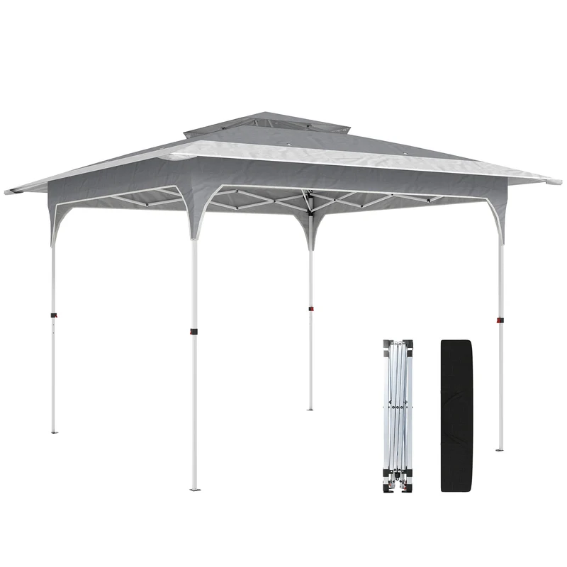 Outsunny Carpa Plegable 3,5x3,5 m, Pop-up, Cenador Pabellón de Jardín con Doble Techo, Cierre Central, UPF50+, Altura Ajustable de 3 Niveles y Bolsa de Transporte, Gazebo para Fiestas, Exterior, Gris