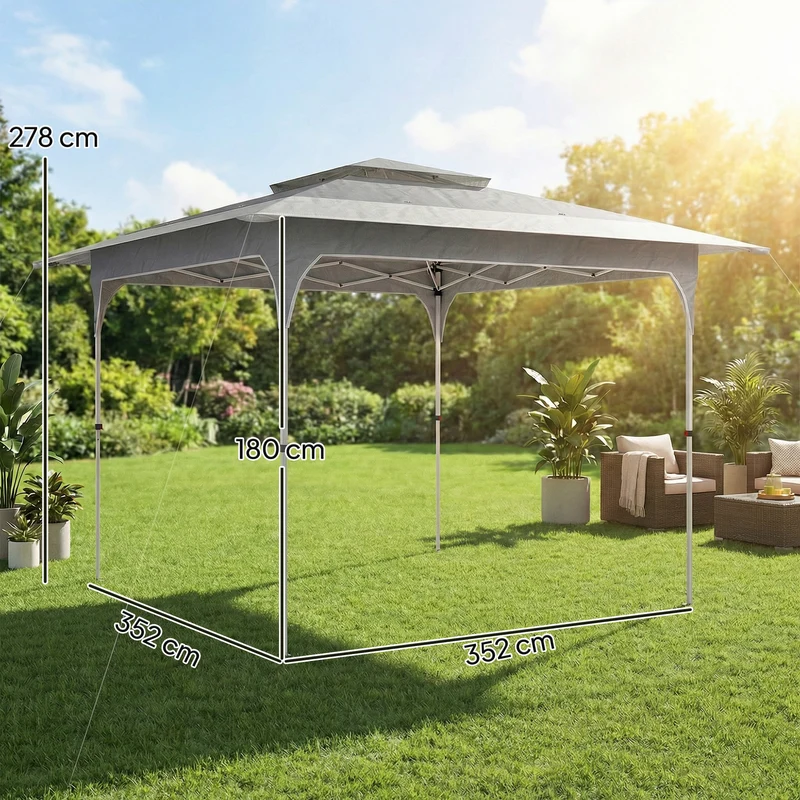 Outsunny Carpa Plegable 3,5x3,5 m, Pop-up, Cenador Pabellón de Jardín con Doble Techo, Cierre Central, UPF50+, Altura Ajustable de 3 Niveles y Bolsa de Transporte, Gazebo para Fiestas, Exterior, Gris