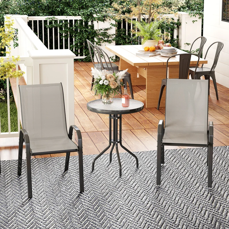 Outsunny Conjunto de Mesa y Sillas de Terraza Exterior de 3 Piezas, Muebles de Jardín Exterior con Sillas Apilables, Encimera de Vidrio y Estructura de Acero, para Patio, Gris Claro
