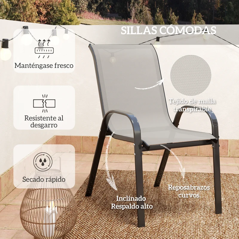 Outsunny Conjunto de Mesa y Sillas de Terraza Exterior de 3 Piezas, Muebles de Jardín Exterior con Sillas Apilables, Encimera de Vidrio y Estructura de Acero, para Patio, Gris Claro