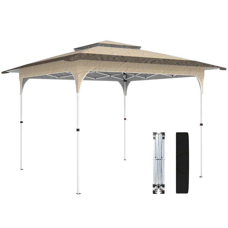 Outsunny Carpa Plegable 3,5x3,5 m, Pop-up, Cenador Pabellón de Jardín con Doble Techo, Cierre Central, UPF50+, Altura Ajustable de 3 Niveles y Bolsa de Transporte, Gazebo para Fiestas, Exterior, Caqui