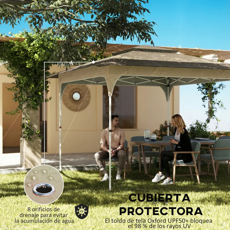 Outsunny Carpa Plegable 3,5x3,5 m, Pop-up, Cenador Pabellón de Jardín con Doble Techo, Cierre Central, UPF50+, Altura Ajustable de 3 Niveles y Bolsa de Transporte, Gazebo para Fiestas, Exterior, Caqui
