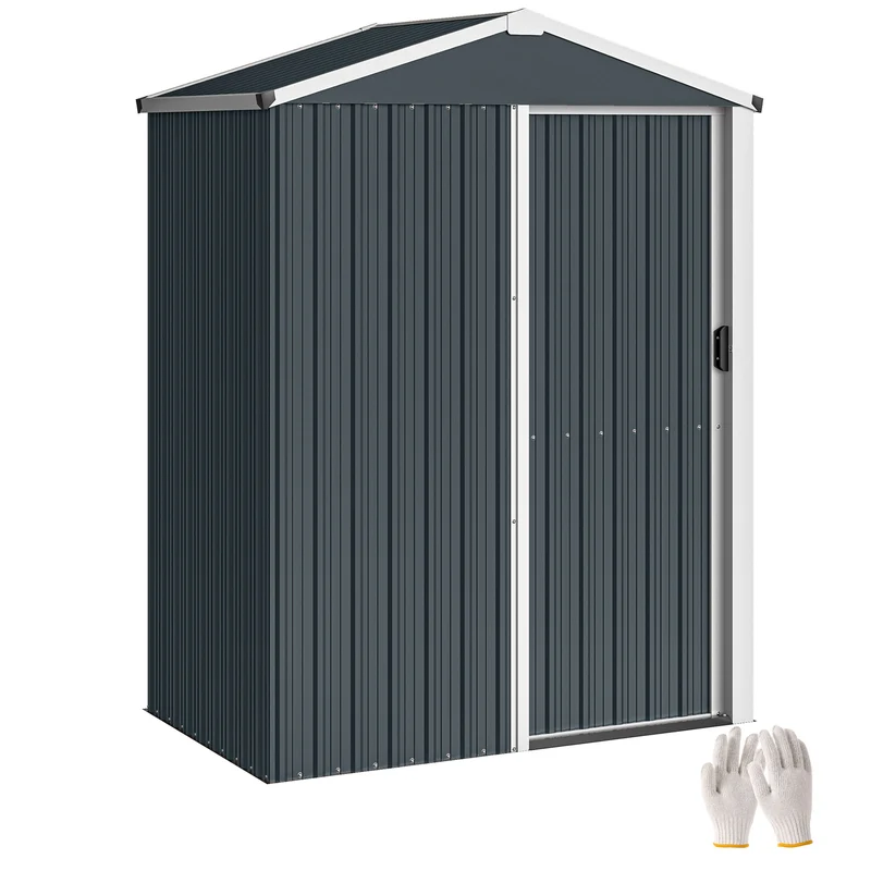 Outsunny Caseta de Jardín Exterior 1,1 m², 136x87x179 cm, Cobertizo de Jardín Exterior Metálico con Puerta Corredera, Techo Inclinado y Guantes, para Almacenaje de Herramientas Bicicletas, Gris Oscuro