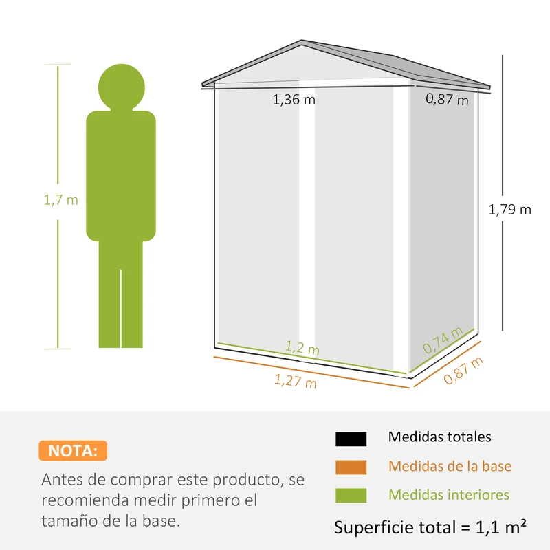 Outsunny Caseta de Jardín Exterior 1,1 m², 136x87x179 cm, Cobertizo de Jardín Exterior Metálico con Puerta Corredera, Techo Inclinado y Guantes, para Almacenaje de Herramientas Bicicletas, Gris Oscuro