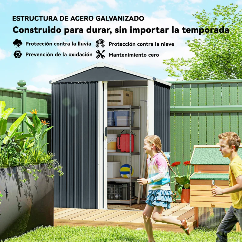 Outsunny Caseta de Jardín Exterior 1,1 m², 136x87x179 cm, Cobertizo de Jardín Exterior Metálico con Puerta Corredera, Techo Inclinado y Guantes, para Almacenaje de Herramientas Bicicletas, Gris Oscuro