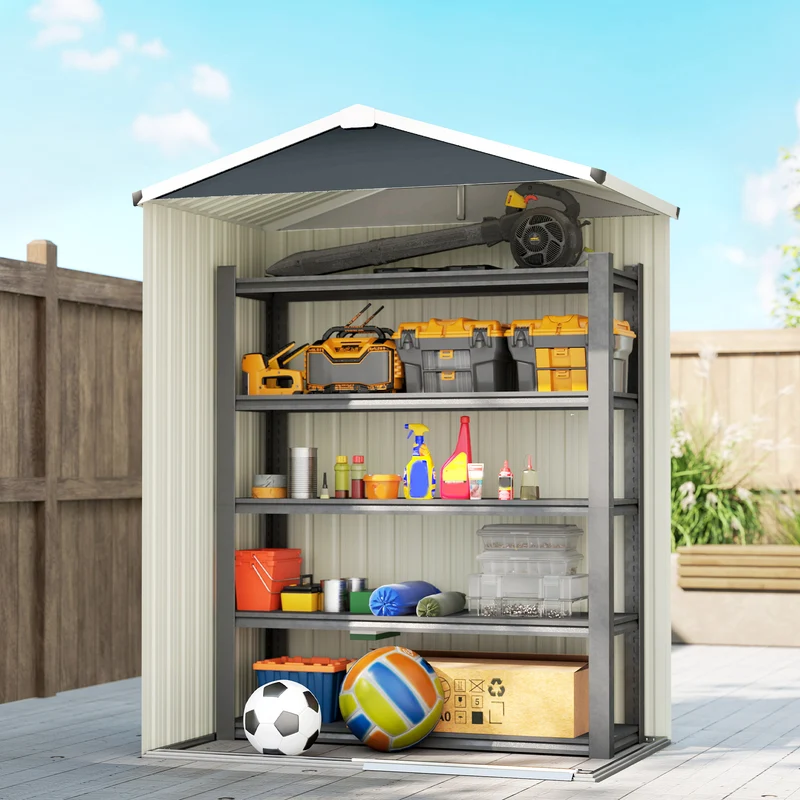 Outsunny Caseta de Jardín Exterior 1,1 m², 136x87x179 cm, Cobertizo de Jardín Exterior Metálico con Puerta Corredera, Techo Inclinado y Guantes, para Almacenaje de Herramientas Bicicletas, Gris Oscuro