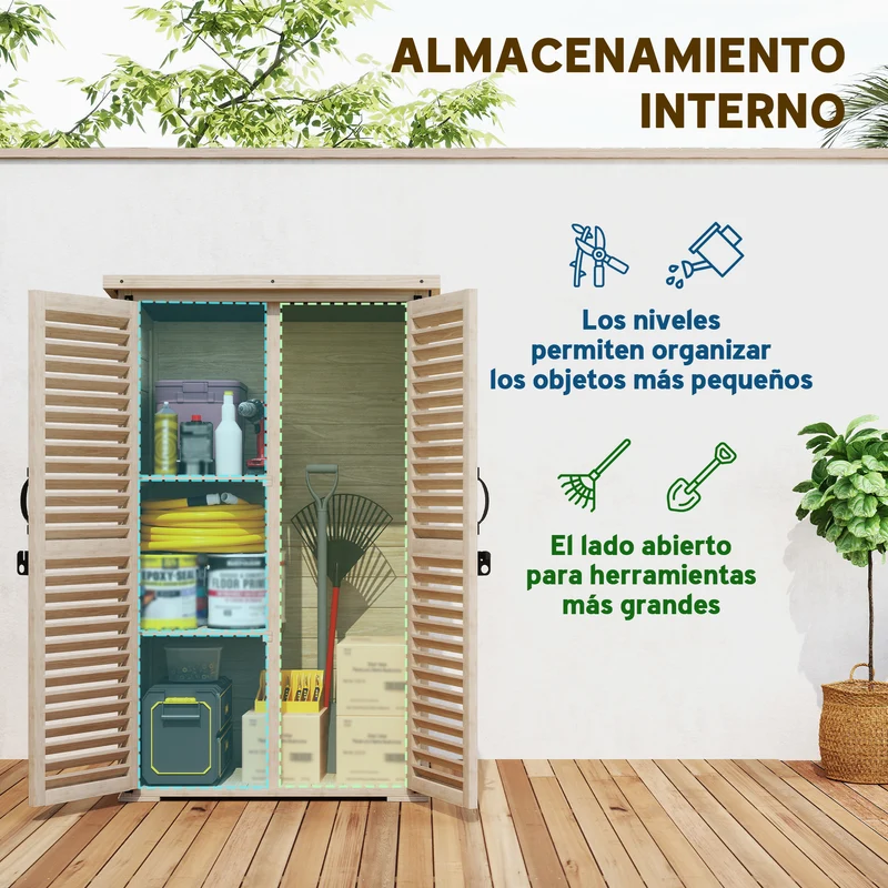 Outsunny Caseta de Jardín de Madera, 75x50x118 cm, Cobertizo Jardín Exterior, Armario para Almacenaje Herramientas, con 2 Puertas de Persiana 2 Estantes y Techo Impermeable para Patio Terraza, Natural