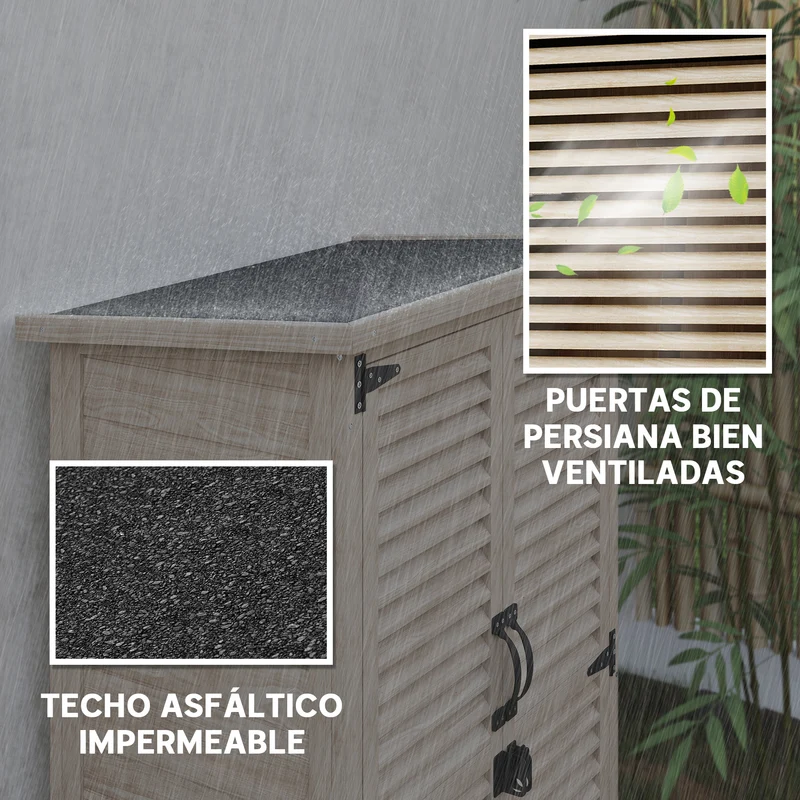 Outsunny Caseta de Jardín de Madera, 75x50x118 cm, Cobertizo Jardín Exterior, Armario para Almacenaje Herramientas, con 2 Puertas de Persiana 2 Estantes y Techo Impermeable para Patio Terraza, Natural