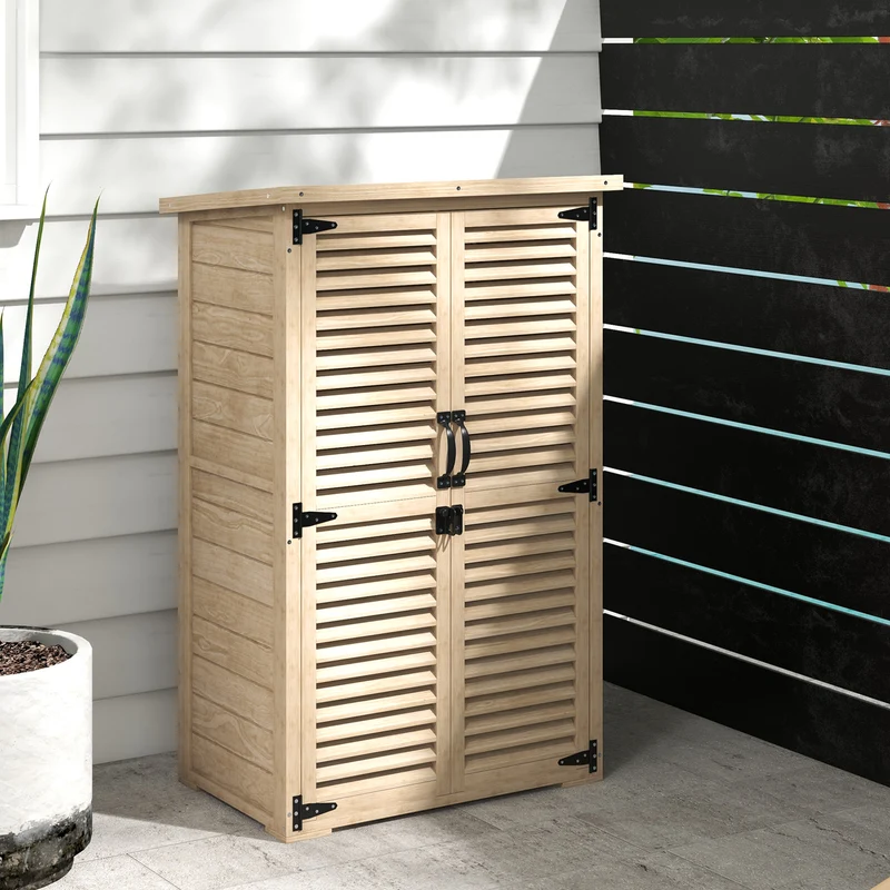 Outsunny Caseta de Jardín de Madera, 75x50x118 cm, Cobertizo Jardín Exterior, Armario para Almacenaje Herramientas, con 2 Puertas de Persiana 2 Estantes y Techo Impermeable para Patio Terraza, Natural