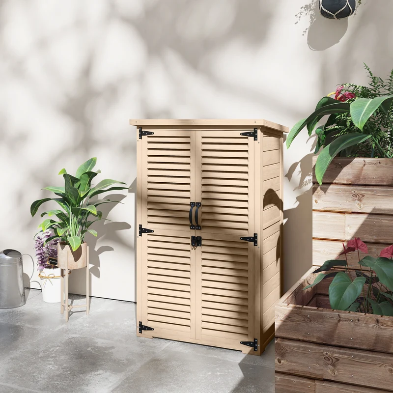 Outsunny Caseta de Jardín de Madera, 75x50x118 cm, Cobertizo Jardín Exterior, Armario para Almacenaje Herramientas, con 2 Puertas de Persiana 2 Estantes y Techo Impermeable para Patio Terraza, Natural