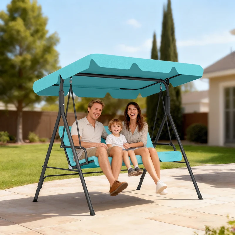 Outsunny Columpio de Jardín Exterior de 3 Plazas, Balancín de Jardín Exterior con Techo Ajustable y Marco de Acero, para Balcón, Terraza, Patio, Carga 240 kg, 172x110x153 cm, Verde Azulado