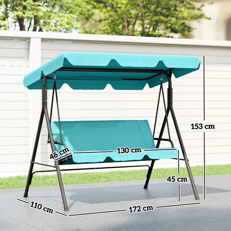 Outsunny Columpio de Jardín Exterior de 3 Plazas, Balancín de Jardín Exterior con Techo Ajustable y Marco de Acero, para Balcón, Terraza, Patio, Carga 240 kg, 172x110x153 cm, Verde Azulado