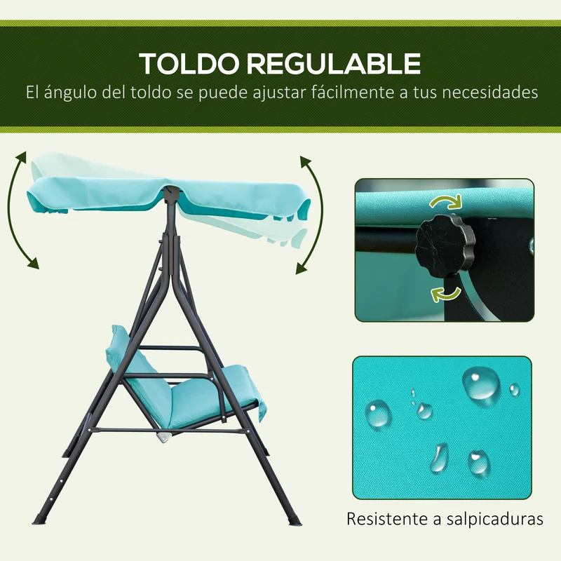 Outsunny Columpio de Jardín Exterior de 3 Plazas, Balancín de Jardín Exterior con Techo Ajustable y Marco de Acero, para Balcón, Terraza, Patio, Carga 240 kg, 172x110x153 cm, Verde Azulado