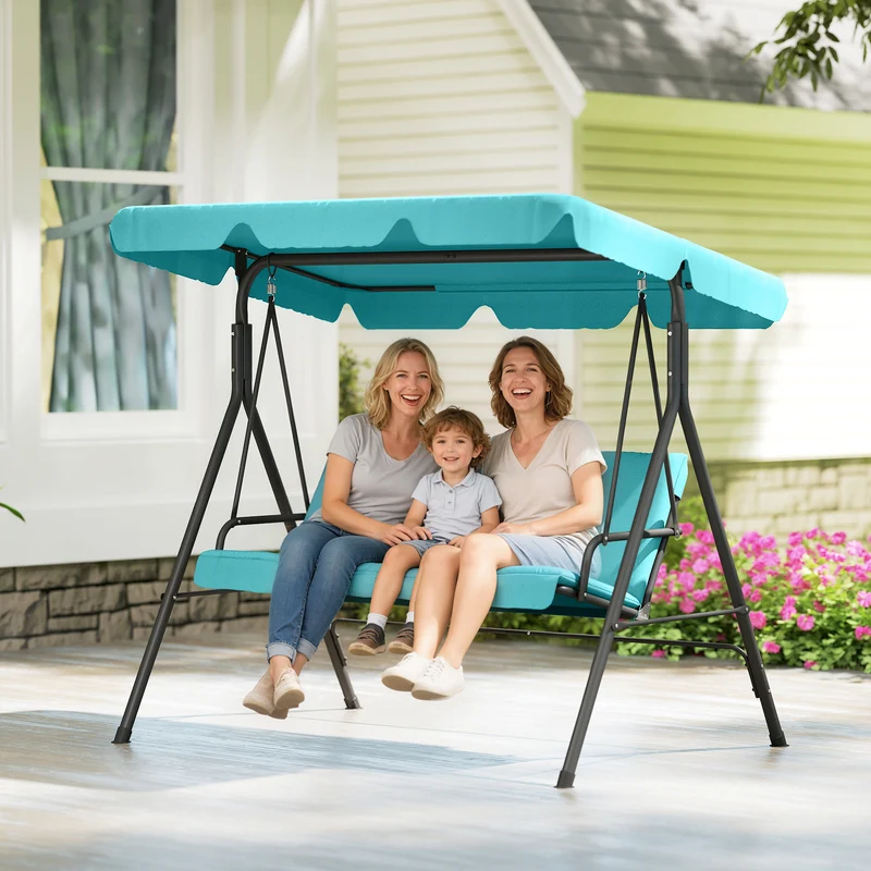 Outsunny Columpio de Jardín Exterior de 3 Plazas, Balancín de Jardín Exterior con Techo Ajustable y Marco de Acero, para Balcón, Terraza, Patio, Carga 240 kg, 172x110x153 cm, Verde Azulado
