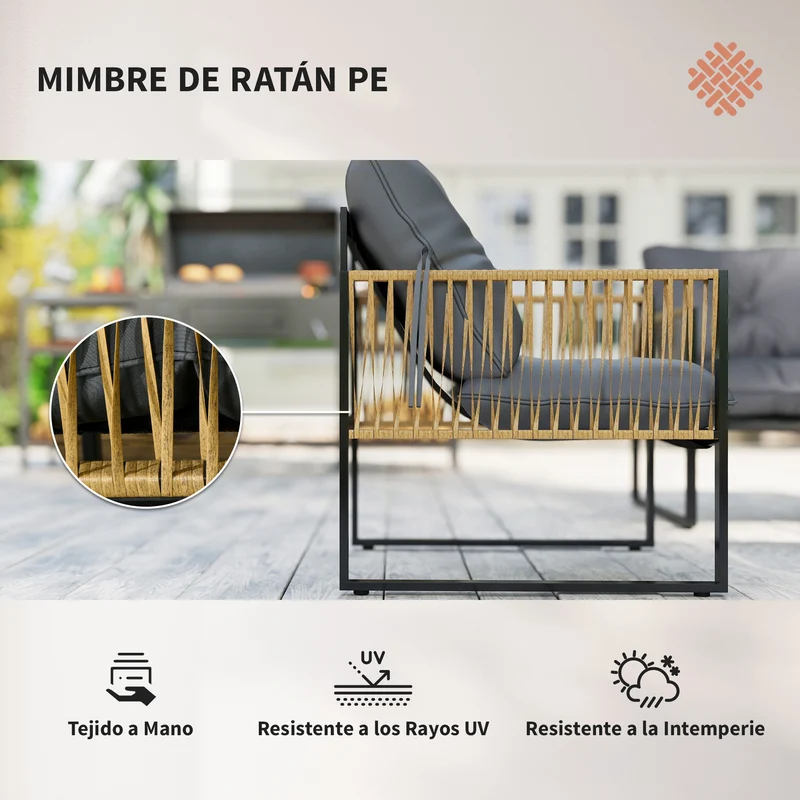 Outsunny Conjunto Jardín Exterior de Ratán, Muebles Jardín Exterior para 4 Piezas, Muebles Terraza con 1 Sofá de 2 Plazas, 2 Sillones, Cojines y 1 Mesa de Tablero de Vidrio, para Patio, Gris y Marrón