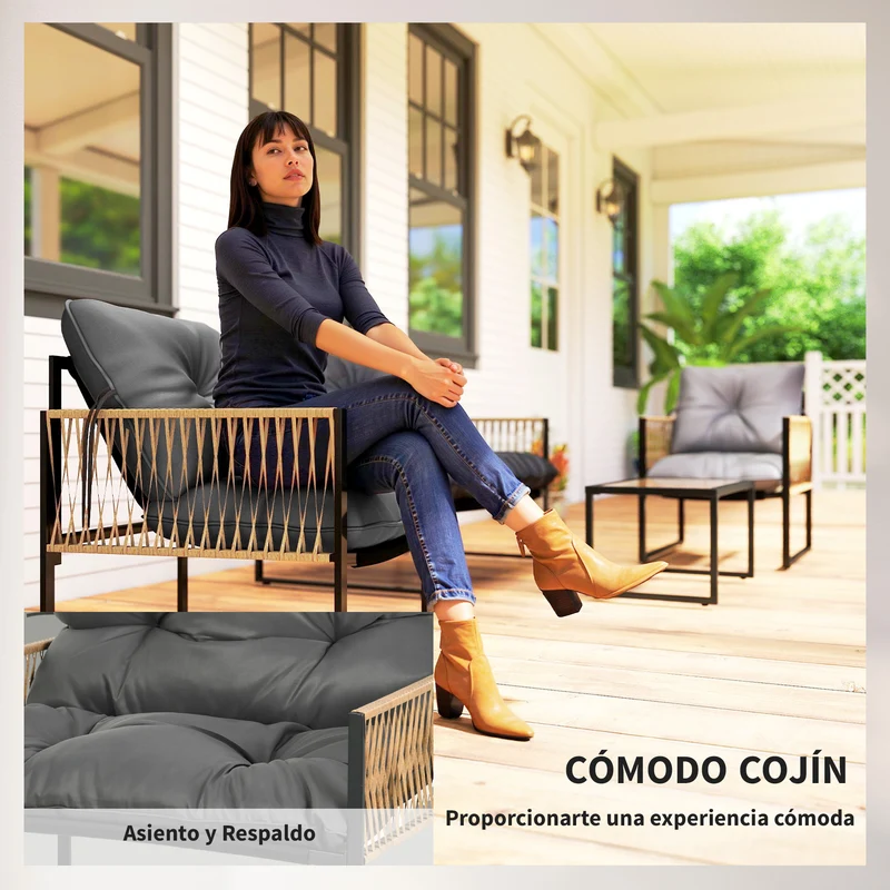 Outsunny Conjunto Jardín Exterior de Ratán, Muebles Jardín Exterior para 4 Piezas, Muebles Terraza con 1 Sofá de 2 Plazas, 2 Sillones, Cojines y 1 Mesa de Tablero de Vidrio, para Patio, Gris y Marrón