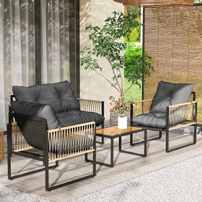 Outsunny Conjunto Jardín Exterior de Ratán, Muebles Jardín Exterior para 4 Piezas, Muebles Terraza con 1 Sofá de 2 Plazas, 2 Sillones, Cojines y 1 Mesa de Tablero de Vidrio, para Patio, Gris y Marrón