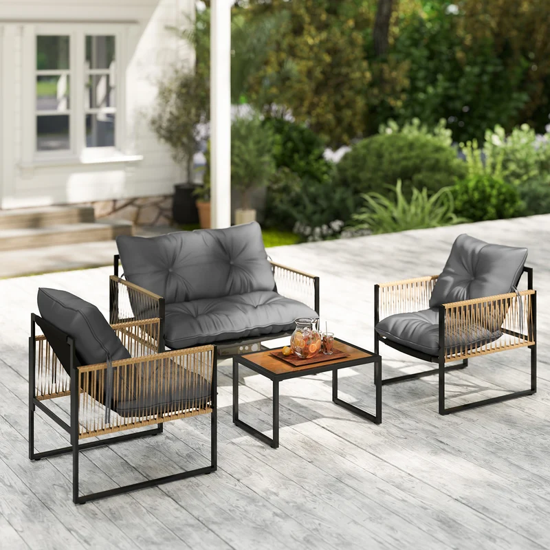 Outsunny Conjunto Jardín Exterior de Ratán, Muebles Jardín Exterior para 4 Piezas, Muebles Terraza con 1 Sofá de 2 Plazas, 2 Sillones, Cojines y 1 Mesa de Tablero de Vidrio, para Patio, Gris y Marrón