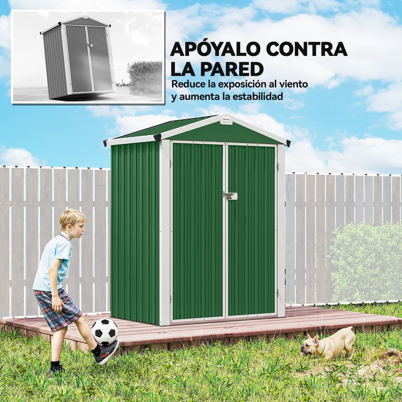 Outsunny Caseta de Jardín Exterior 1,1 m², 133x87x178 cm, Cobertizo de Jardín Exterior Metálico con Puertas Correderas, Techo Inclinado y Guantes, para Almacenaje de Herramientas Bicicletas, Verde