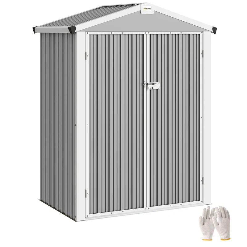 Outsunny Caseta de Jardín Exterior 1,1 m², 133x87x178 cm, Cobertizo de Jardín Exterior Metálico con Puertas Correderas, Techo Inclinado y Guantes, para Almacenaje de Herramientas Bicicletas, Gris