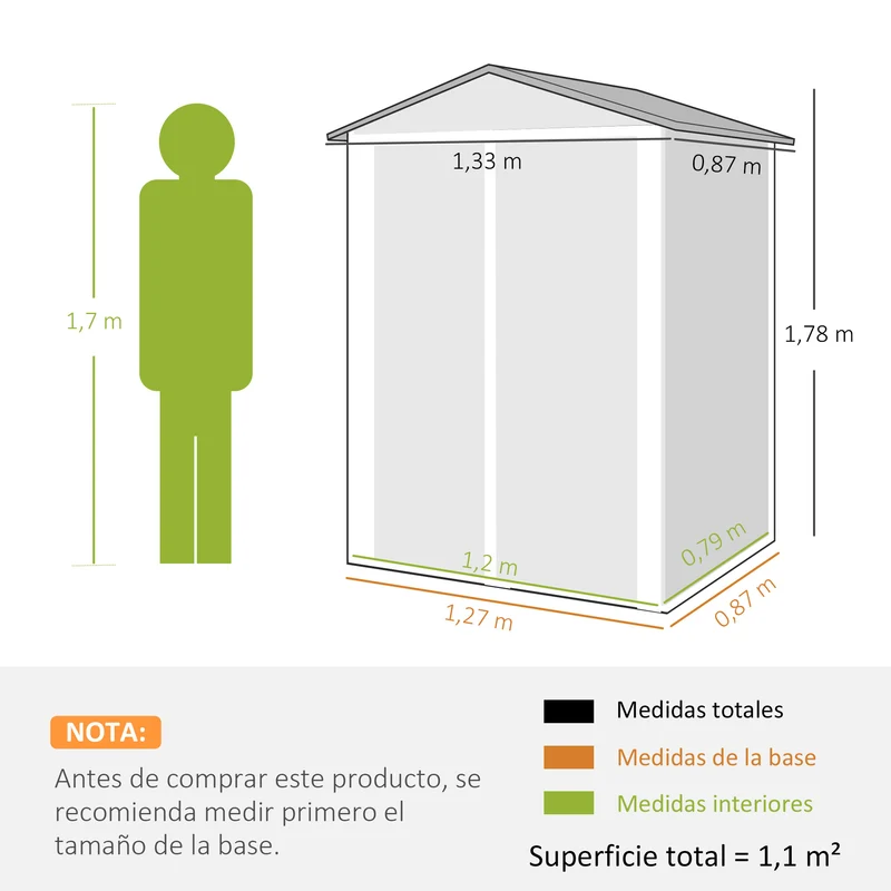 Outsunny Caseta de Jardín Exterior 1,1 m², 133x87x178 cm, Cobertizo de Jardín Exterior Metálico con Puertas Correderas, Techo Inclinado y Guantes, para Almacenaje de Herramientas Bicicletas, Gris