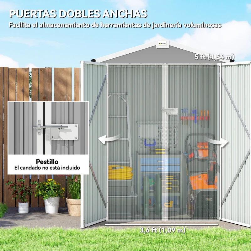 Outsunny Caseta de Jardín Exterior 1,1 m², 133x87x178 cm, Cobertizo de Jardín Exterior Metálico con Puertas Correderas, Techo Inclinado y Guantes, para Almacenaje de Herramientas Bicicletas, Gris