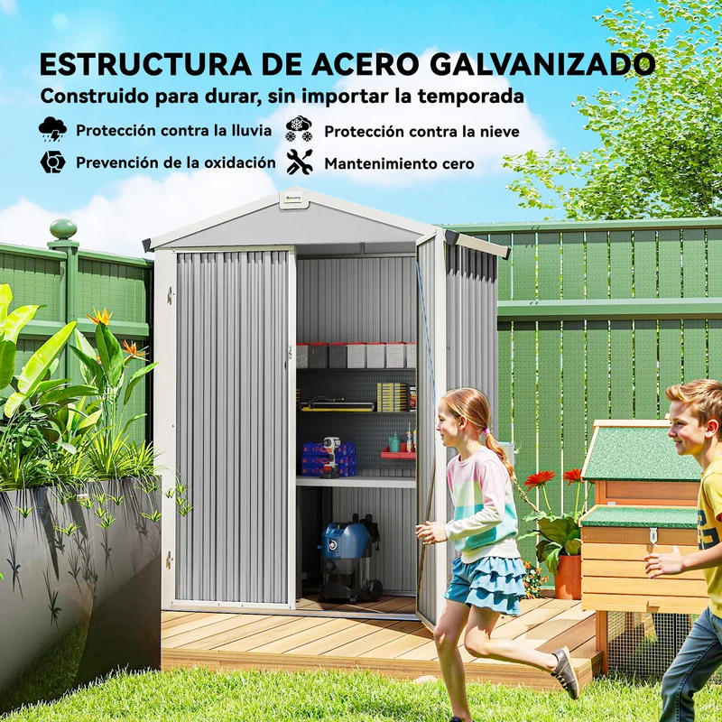 Outsunny Caseta de Jardín Exterior 1,1 m², 133x87x178 cm, Cobertizo de Jardín Exterior Metálico con Puertas Correderas, Techo Inclinado y Guantes, para Almacenaje de Herramientas Bicicletas, Gris