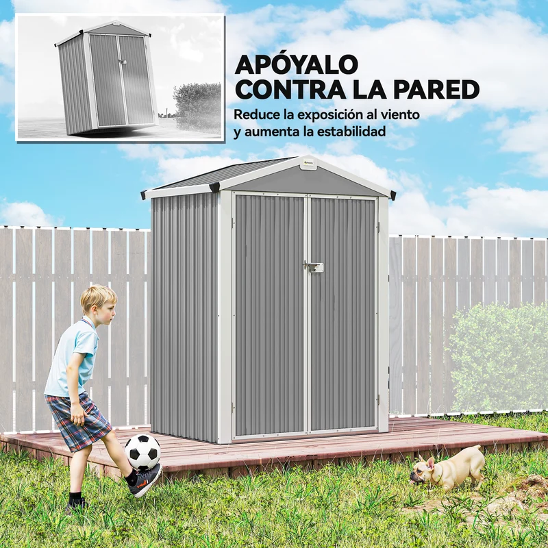 Outsunny Caseta de Jardín Exterior 1,1 m², 133x87x178 cm, Cobertizo de Jardín Exterior Metálico con Puertas Correderas, Techo Inclinado y Guantes, para Almacenaje de Herramientas Bicicletas, Gris
