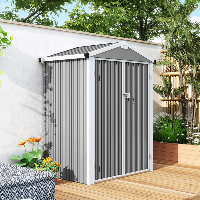 Outsunny Caseta de Jardín Exterior 1,1 m², 133x87x178 cm, Cobertizo de Jardín Exterior Metálico con Puertas Correderas, Techo Inclinado y Guantes, para Almacenaje de Herramientas Bicicletas, Gris