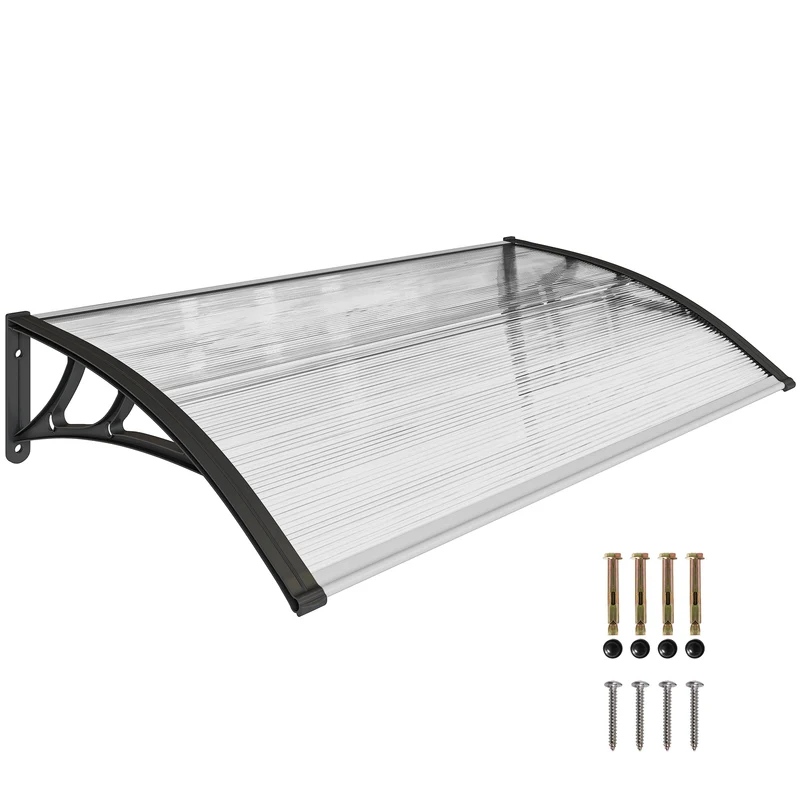 Outsunny Marquesinas Exterior para Puertas y Ventanas, 110x60 cm, Tejadillo de Protección contra Sol y Lluvia, con Cubierta de Policarbonato, Soportes de PP y Regleta de Aluminio, Negro y Transparente