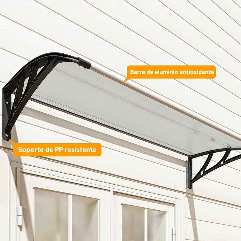 Outsunny Marquesinas Exterior para Puertas y Ventanas, 110x60 cm, Tejadillo de Protección contra Sol y Lluvia, con Cubierta de Policarbonato, Soportes de PP y Regleta de Aluminio, Negro y Transparente