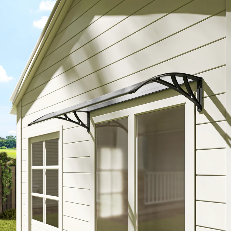 Outsunny Marquesinas Exterior para Puertas y Ventanas, 110x60 cm, Tejadillo de Protección contra Sol y Lluvia, con Cubierta de Policarbonato, Soportes de PP y Regleta de Aluminio, Negro y Transparente