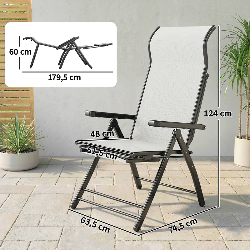 Outsunny Pack de 2 Sillas Plegables Reclinables, Sillas de Jardín Exterior con Respaldo Alto Curva Ajustable en 5 Posiciones, Reposapiés Retráctil y Marco de Metal, para Patio, Playa, Gris Claro