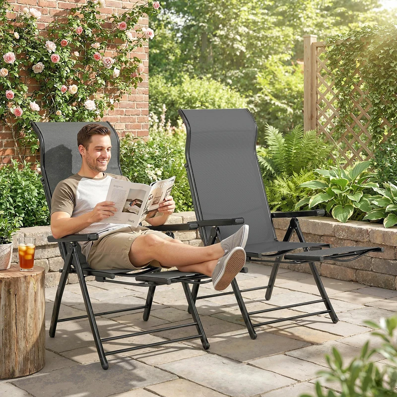 Outsunny Pack de 2 Sillas Plegables Reclinables, Sillas de Jardín Exterior con Respaldo Alto Curva Ajustable en 5 Posiciones, Reposapiés Retráctil y Marco de Metal, para Patio, Playa, Gris Oscuro