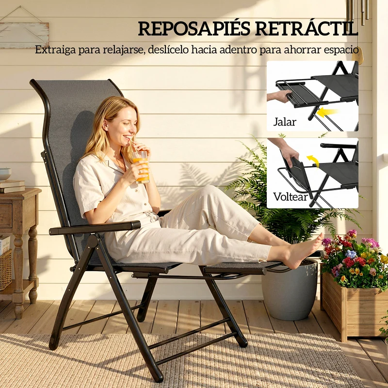 Outsunny Pack de 2 Sillas Plegables Reclinables, Sillas de Jardín Exterior con Respaldo Alto Curva Ajustable en 5 Posiciones, Reposapiés Retráctil y Marco de Metal, para Patio, Playa, Gris Oscuro