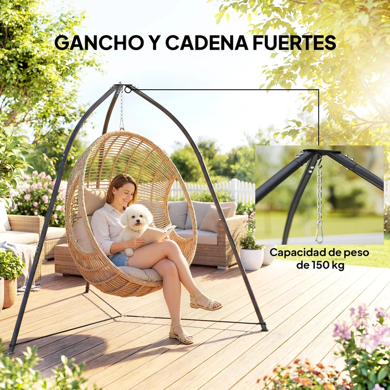 Outsunny Soporte para Silla Colgante Triangular Altura 210 cm, con Cadena Ajustable, Base Estable, Resistente a la Intemperie, Estructura de Silla Colgante para Patio, Jardín, Carga 150 kg, Negro