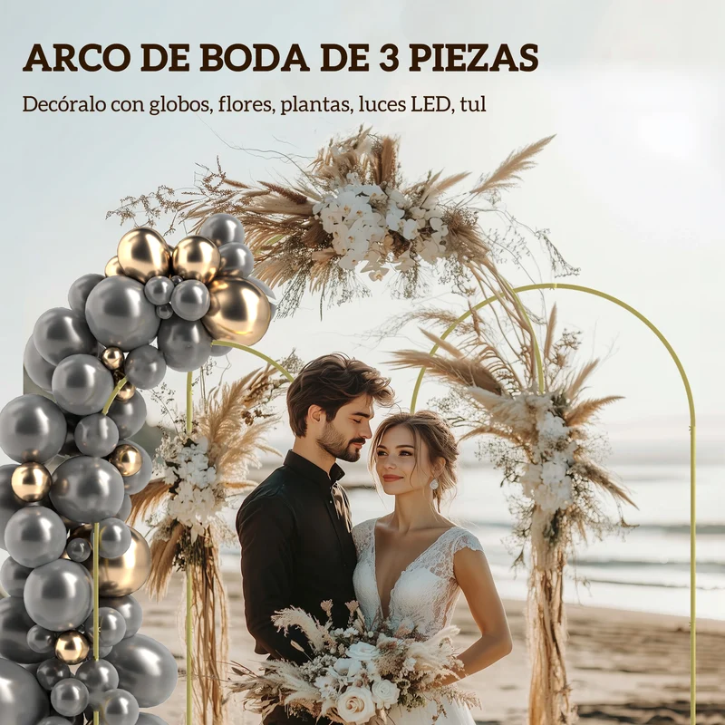 Outsunny Set de 3 Arcos de Jardín para Rosas de Metal, Arcos de Boda de 220/200/180 cm con Recubrimiento en Polvo, Resistente a la Intemperie, para Plantas Trepadoras, Decoración Patio Terraza, Dorado
