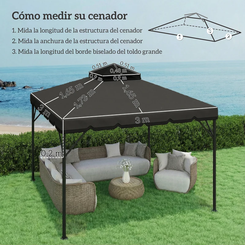 Outsunny Techo de Repuesto para Cenador, 3x3 m, Cubierta de Repuesto con Techo Doble, 8 Orificios de Drenaje y Protección UPF 30+, SOLO Toldo de Recambio para Pabellón Gazebo, Gris Claro