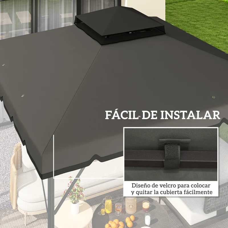 Outsunny Techo de Repuesto para Cenador, 3x3 m, Cubierta de Repuesto con Techo Doble, 8 Orificios de Drenaje y Protección UPF 30+, SOLO Toldo de Recambio para Pabellón Gazebo, Gris Claro