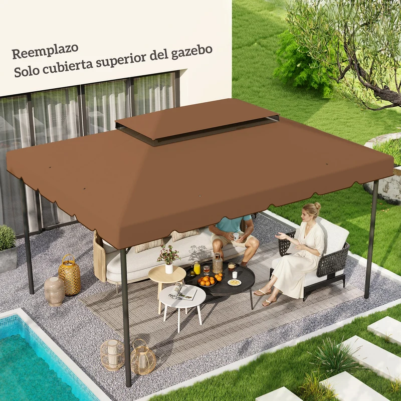 Outsunny Techo de Repuesto para Cenador, 4x3 m, Cubierta de Repuesto con Doble Techo, 8 Orificios de Drenaje, SOLO Toldo de Recambio para Pabellón Gazebo, Café