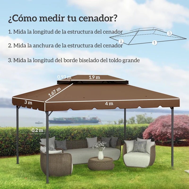 Outsunny Techo de Repuesto para Cenador, 4x3 m, Cubierta de Repuesto con Doble Techo, 8 Orificios de Drenaje, SOLO Toldo de Recambio para Pabellón Gazebo, Café