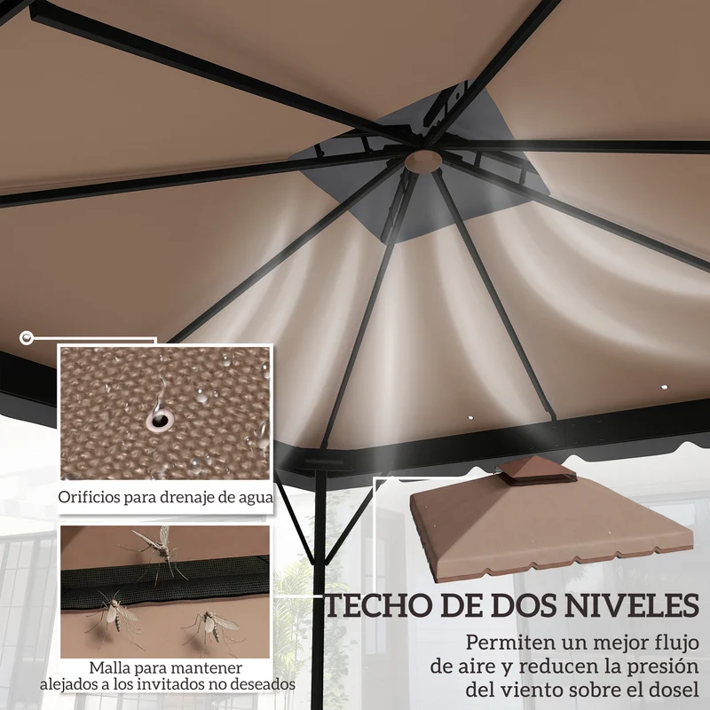 Outsunny Techo de Repuesto para Cenador, 3x3 m, Cubierta de Repuesto con Techo Doble, 8 Orificios de Drenaje y Protección UPF 30+, SOLO Toldo de Recambio para Pabellón Gazebo, Caqui