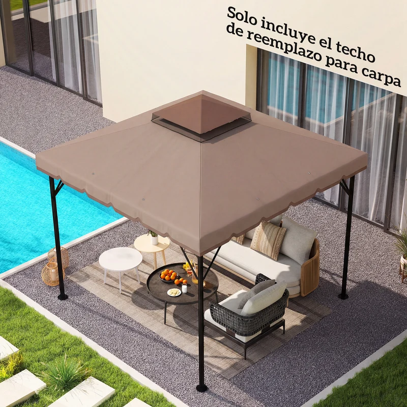 Outsunny Techo de Repuesto para Cenador, 3x3 m, Cubierta de Repuesto con Techo Doble, 8 Orificios de Drenaje y Protección UPF 30+, SOLO Toldo de Recambio para Pabellón Gazebo, Caqui