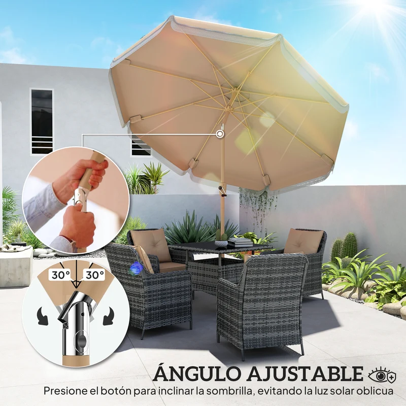 Outsunny Sombrilla Terraza Exterior, Ø266x238 cm, Sombrilla de Jardín con Ángulo Ajustable 30°, Manivela, Flecos y Ventilación, Impermeable, Parasol para Terraza, Playa, Patio, Balcón, Caqui