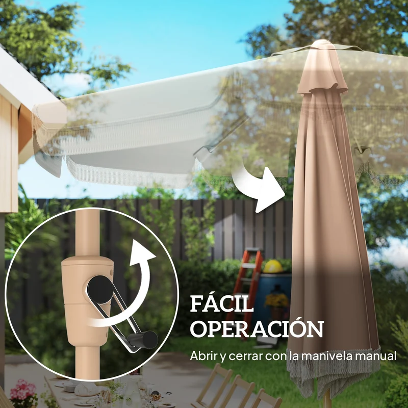 Outsunny Sombrilla Terraza Exterior, Ø266x238 cm, Sombrilla de Jardín con Ángulo Ajustable 30°, Manivela, Flecos y Ventilación, Impermeable, Parasol para Terraza, Playa, Patio, Balcón, Caqui