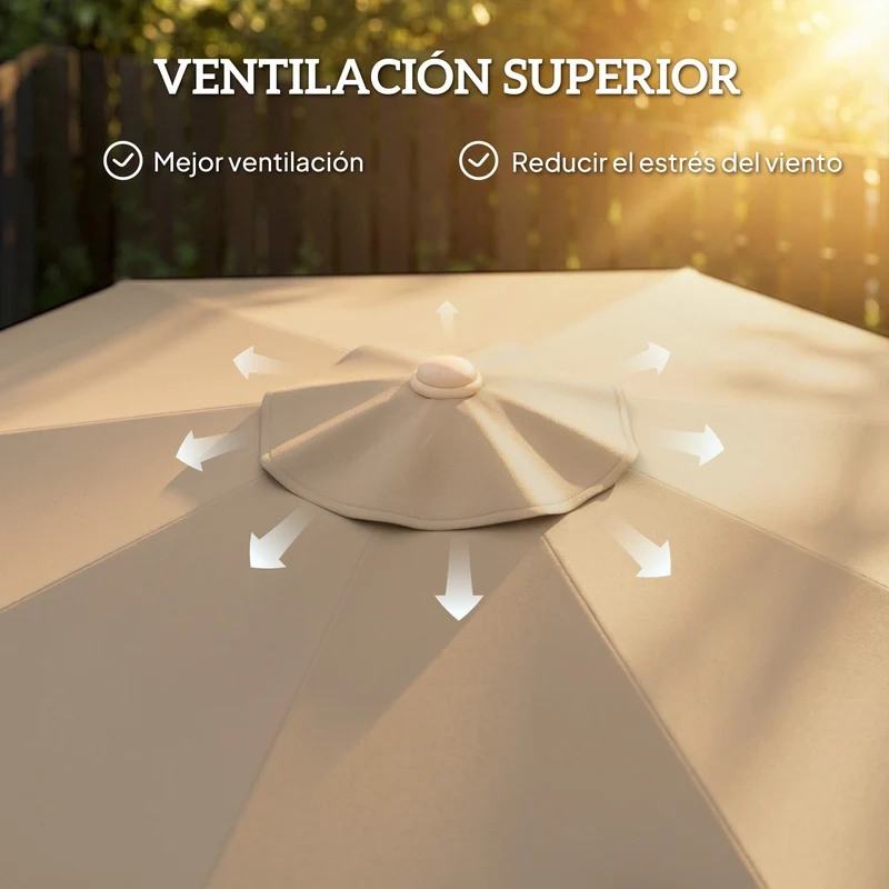 Outsunny Sombrilla Terraza Exterior, Ø266x238 cm, Sombrilla de Jardín con Ángulo Ajustable 30°, Manivela, Flecos y Ventilación, Impermeable, Parasol para Terraza, Playa, Patio, Balcón, Caqui