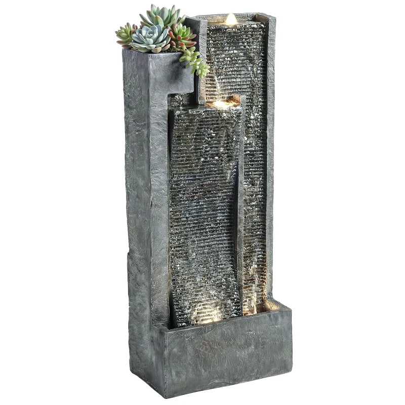 Outsunny Fuente de Agua Decorativa con Iluminación LED y Maceta, Fuente de Jardín Exteror en Cascada de 3 Niveles, con Bomba, Resistente a la intemperie, para Jardín, Patio, 38x19x101 cm, Gris Oscuro